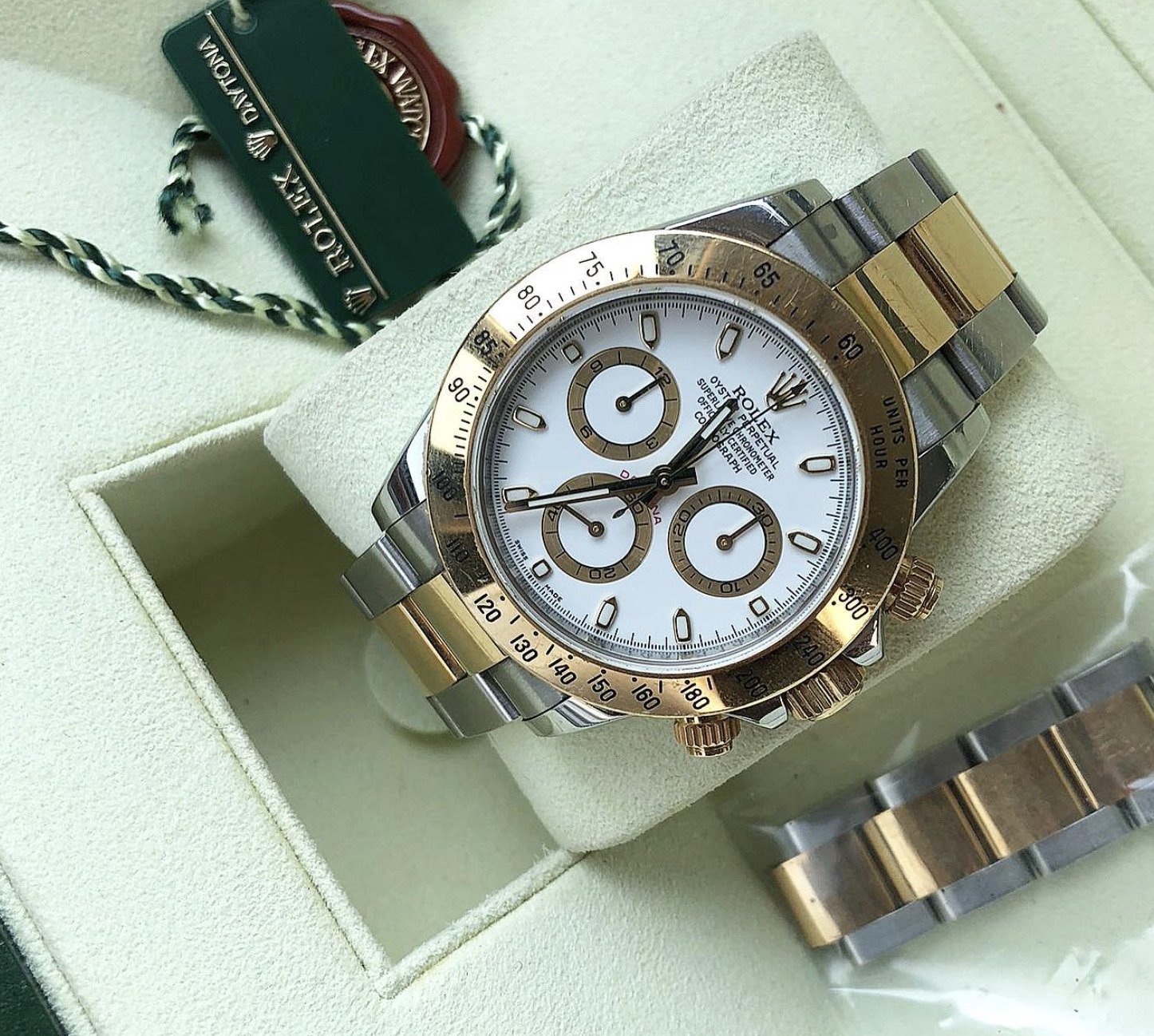 Rolex Daytona White Dial Gold Steel Bracelet $17,044.20$ - Winder