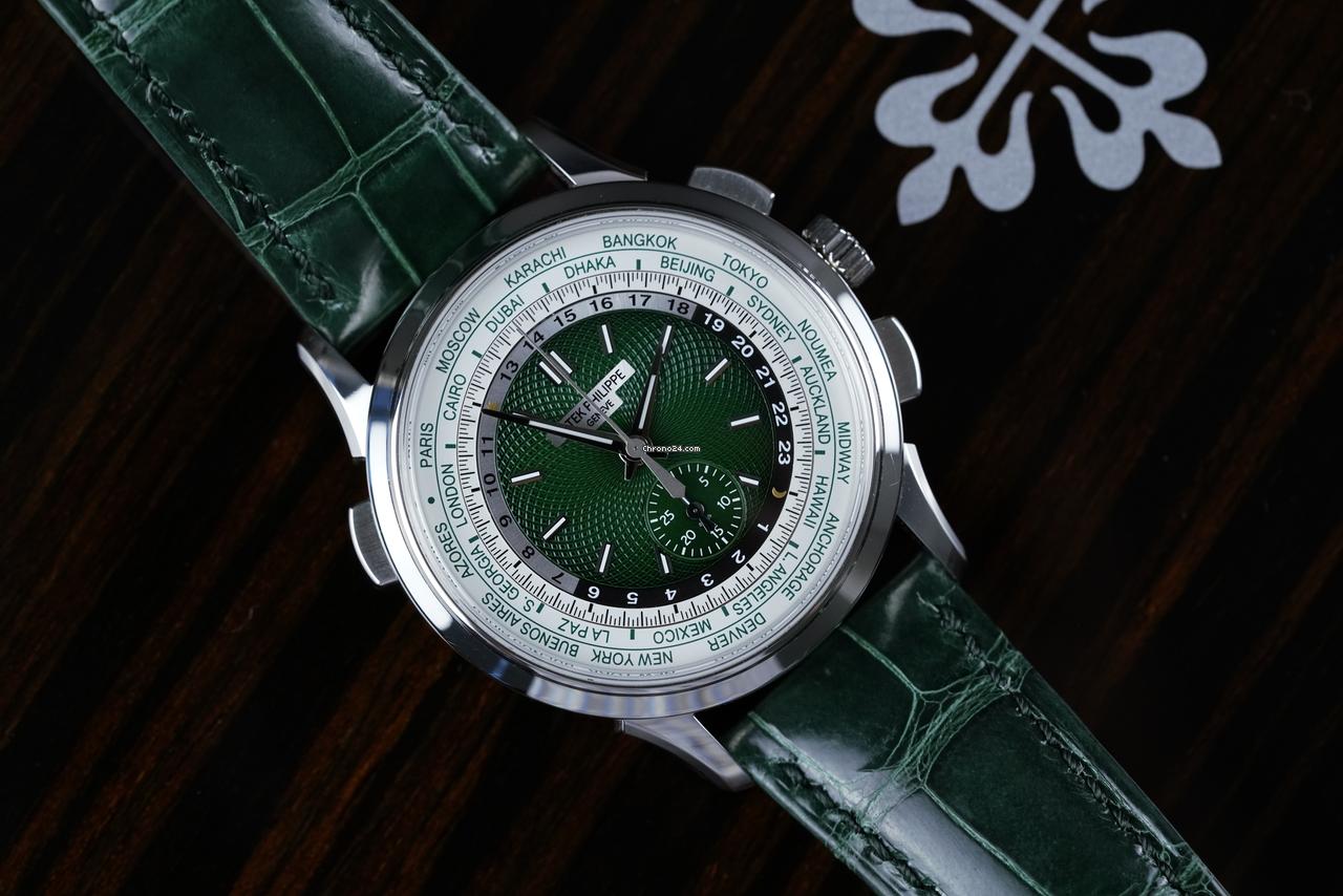 Patek Philippe World Time Chronograph Green Dial Crocodile Skin